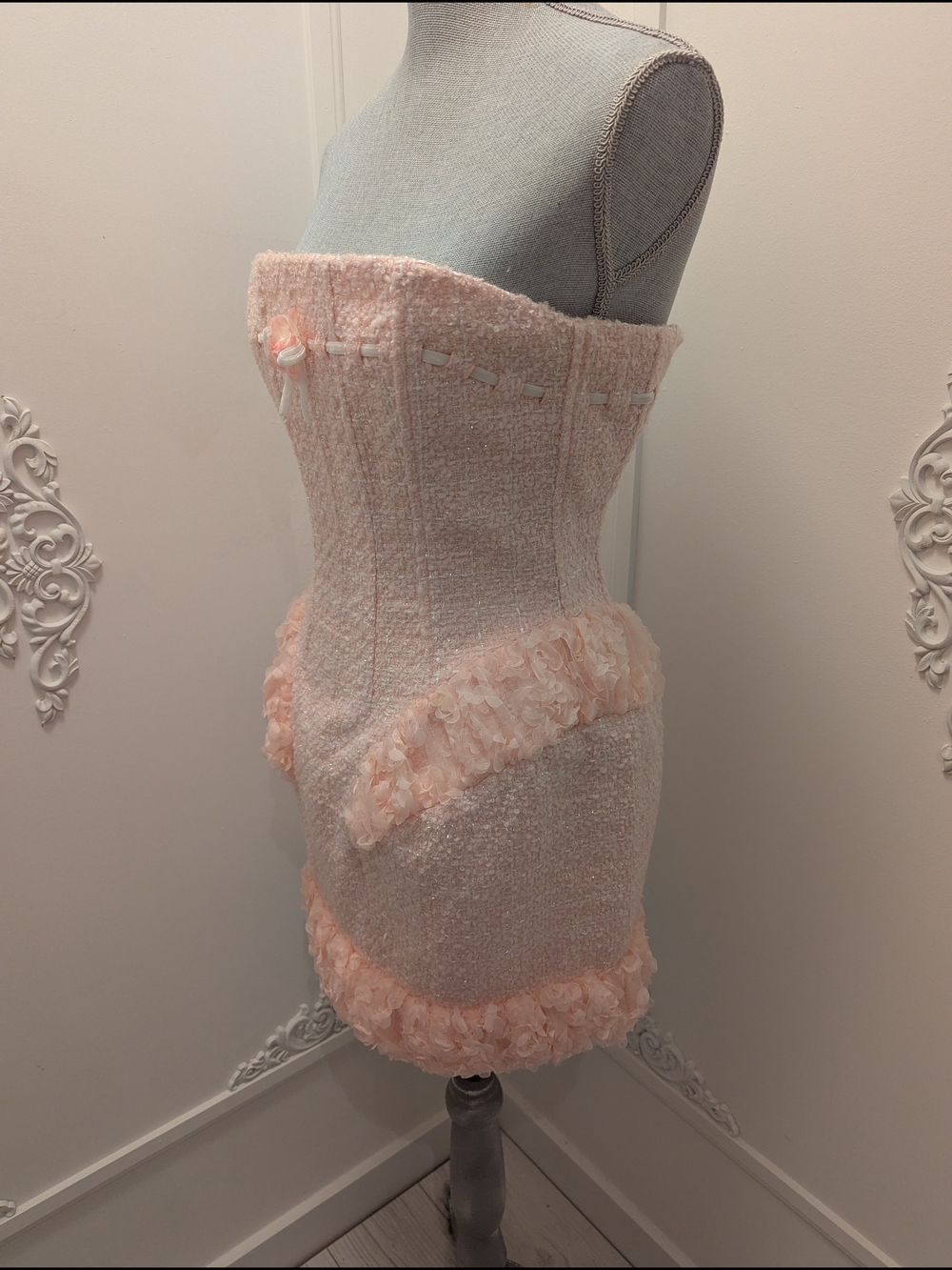 Lacemade Strapless Pink Tweed Mini Dress with Ruffle Trim - Picture 2 of 7